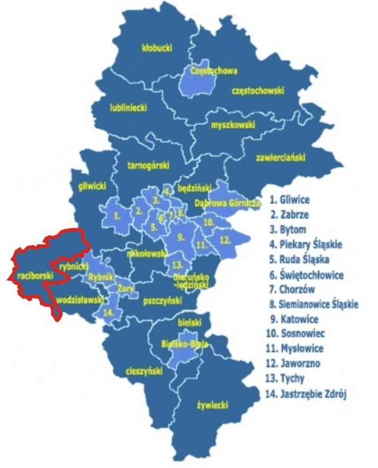Rysunek 1. Położenie Powiatu Raciborskiego na tle podziału administracyjnego województwa śląskiego i podział administracyjny powiatu Źródło: www.gminy.