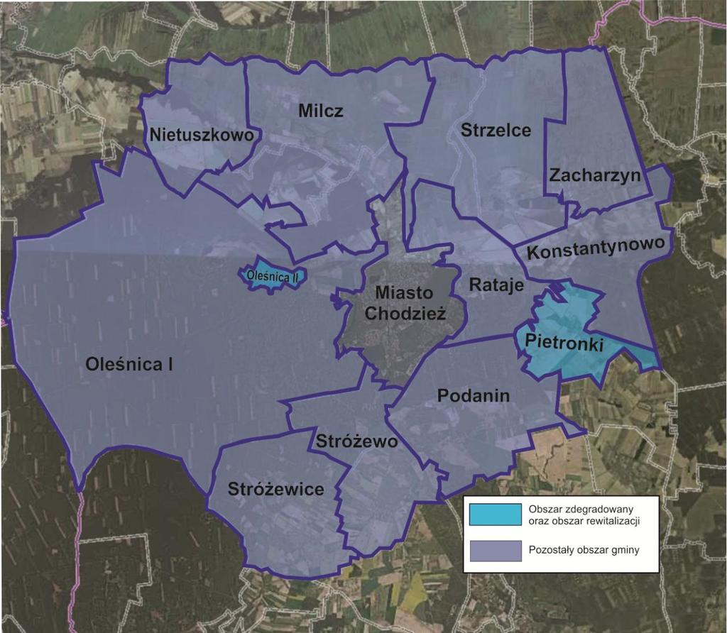 Rysunek 5: Obszar zdegradowany oraz obszar rewitalizacji na terenie Gminy Chodzież.
