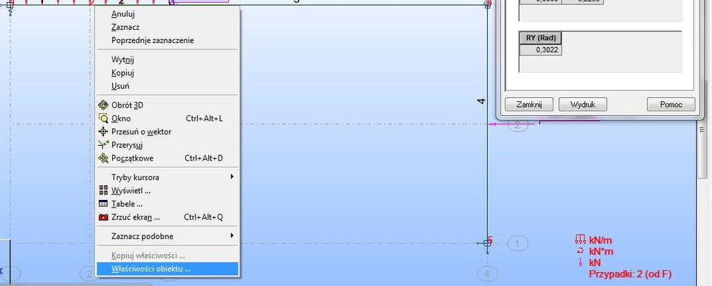 13. Odczytywanie szukanych wielkości 1. Klikamy prawym klawiszem myszy w węźle dla którego chcemy odczytać wartość szukanej wielkości przesuwów i obrotów 3.