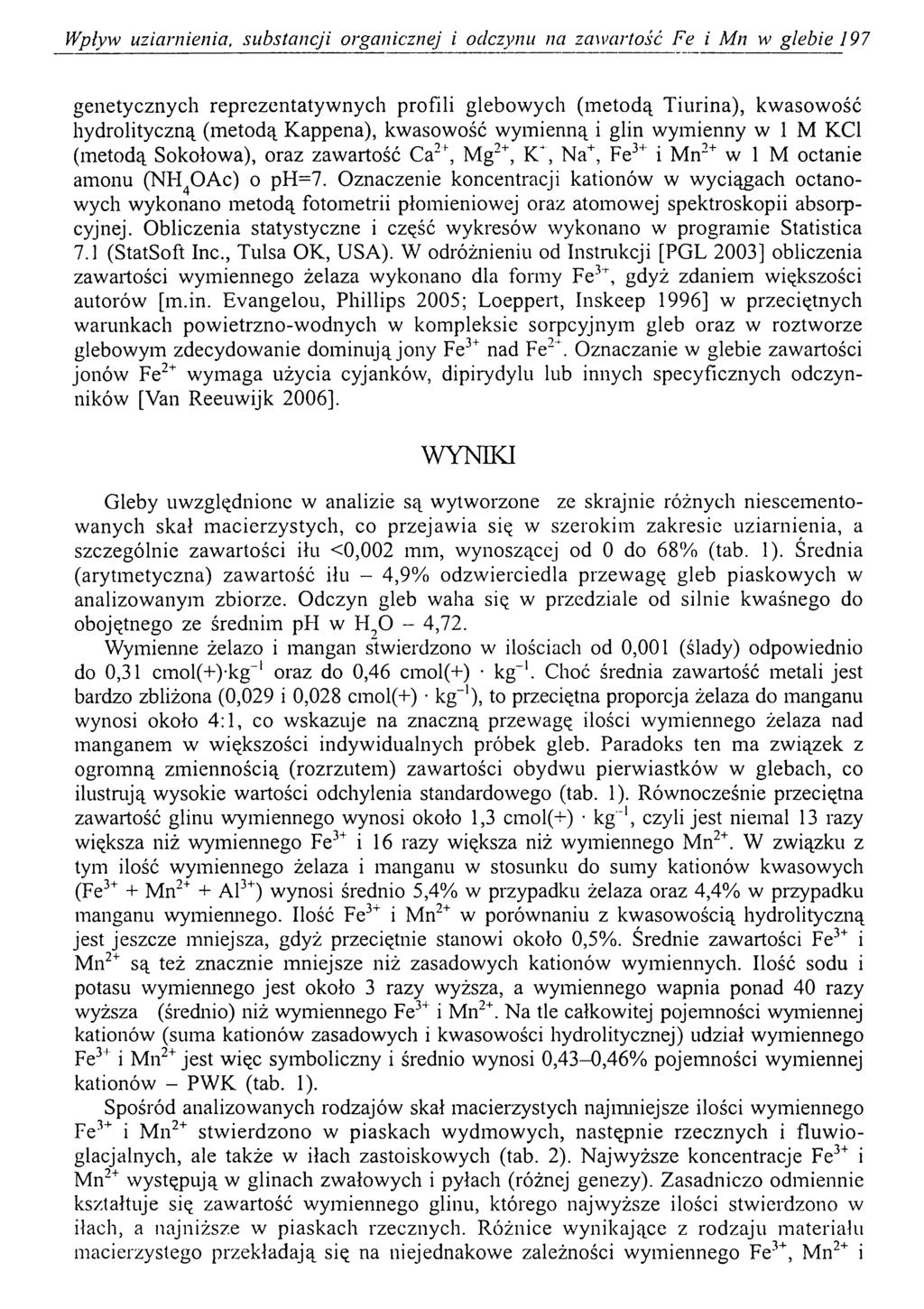 Wpływ uziarnienia, substancji organicznej i odczynu na zawartość Fe i Mn w glebie 197 genetycznych reprezentatywnych profili glebowych (metodą Tiurina), kwasowość hydrolityczną (metodą Kappena),