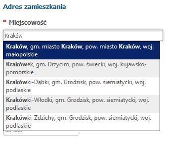 W przypadku wpisywania adresu spoza Warszawy proszę z listy miejscowości wybrać odpowiednią miejscowość.