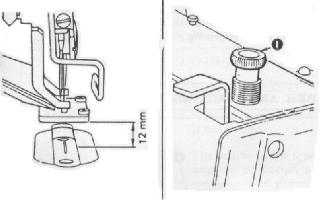 24. REGULACJA DOCISKU Prze wciœniêciu peda³u do koñca, stopka dociskowa podnosi siê 12 mm. Aby wyregulowaæ docisk materia³u, nale y pos³u yæ siê regulatorem 1.