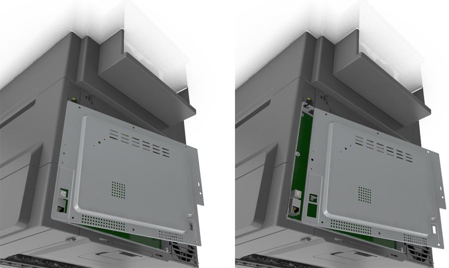 Dodatkowa konfiguracja drukarki 18 Uzyskiwanie dostępu do płyty kontrolera UWAGA NIEBEZPIECZEŃSTWO PORAŻENIA PRĄDEM: W przypadku uzyskiwania dostępu do płyty kontrolera bądź instalowania opcjonalnego