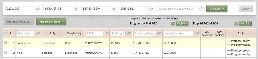 Za pomocą strzałek sortowania można ustawić obcokrajowców (tych bez pesela) na początku listy. Obcokrajowców z numerem PESEL należy odszukać na liście studentów.