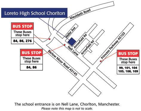 Postcode: M21 7SW Obok szkoły zatrzymują się autobusy linii 84, 86 i 276.