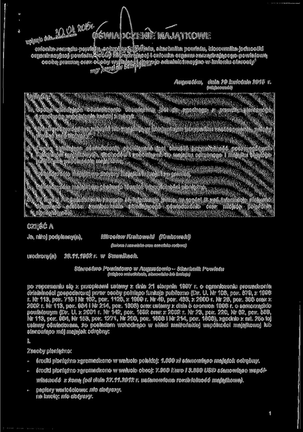 ŚWIADCZEŃ^ MAJĄTKOWE członka zarządu powiajtiusjakflit r^^teiftatu, skarbnika powiatu, kierownika jednostki organizacyjnej powiatu.