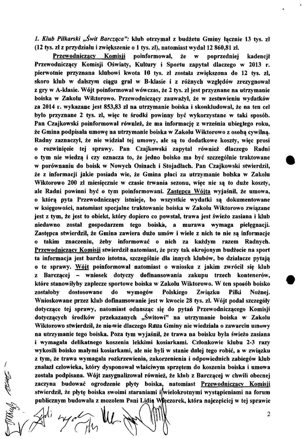 /. Klub Piłkarski Świt Burcząca": klub otrzymał z budżetu Gminy łącznie 13 tys. zł (12 tys. zł z przydziału i zwiększenie o 1 tys. zł), natomiast wydal 12 860,81 zł.