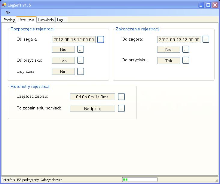 Po wybraniu zakładki: Podczas rejestracji istnieje możliwość zaprogramowania parametrów pracy urządzenia takich jak: sposób uruchomienia rejestracji zachowanie rejestratora po zapełnieniu pamięci