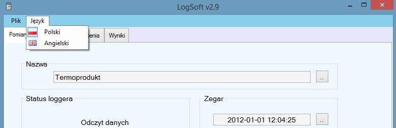 Polecenia: Aktualizuj loggera Zakończ - aktualizacja starego oprogramowania - zakończenie pracy z programem - Język: Aplikacja pozwala na wybór dwóch języków: j.polski j.