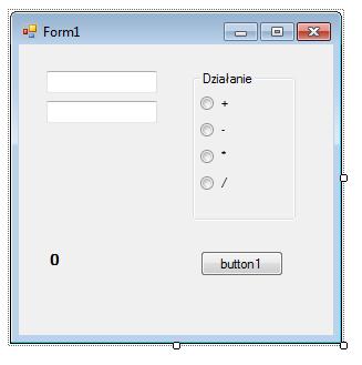 Zadanie 3. Napisz prosty kalkulator. Skorzystaj z kontrolek textbox (x2), Button, Label oraz radiobutton (x4).
