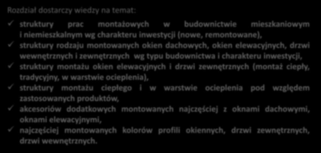 ZAWARTOŚĆ RAPORTU (6/8) INWESTYCJE O NAJWIĘKSZYM POTENCJALE ROZWOJU Jakie rodzaj okien i drzwi montują najczęściej wykonawcy? W jakim typie budownictwa? W jakim charakterze inwestycji?