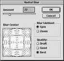 Na ekranie pojawi się okno dialogowe filtru Radial Blur zawierające opcje Amount (wielkość rozmycia), Blur Center (środek rozmycia), Blur Method (metoda rozmycia) i Quality (jakość rozmycia) (rysunek