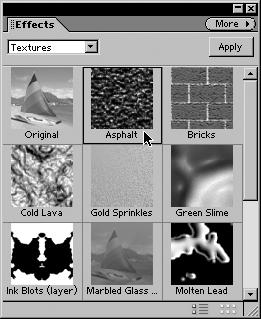 Filtry i efekty specjalne 2. Na palecie Effects lub na palecie Filters rozwiń menu Texture, a następnie kliknij wybraną teksturę (rysunek 7.44).