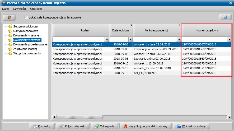 4. Dodanie ułatwienia w zakresie identyfikacji dokumentów wczytanych do Oprogramowania w ramach obsługi poczty elektronicznej CSIZS Emp@tia, poprzez dodanie kolumn: a.