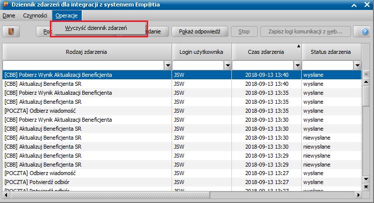 5. Dodanie w oknie dziennika zdarzeń poczty elektronicznej systemu Emp@tia możliwości usuwania starych wpisów, poprzez wybranie operacji Wyczyść dziennik zdarzeń : WAŻNE: Operacja