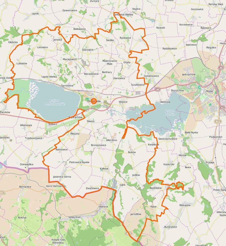 Rysunek 91 Układ drogowy gminy Otmuchów Strona 211 z 348 Źródło: http://www.openstreetmap.org/ Gmina Nysa Gmina Nysa to gmina miejsko-wiejska położona w centralnej części powiatu nyskiego.