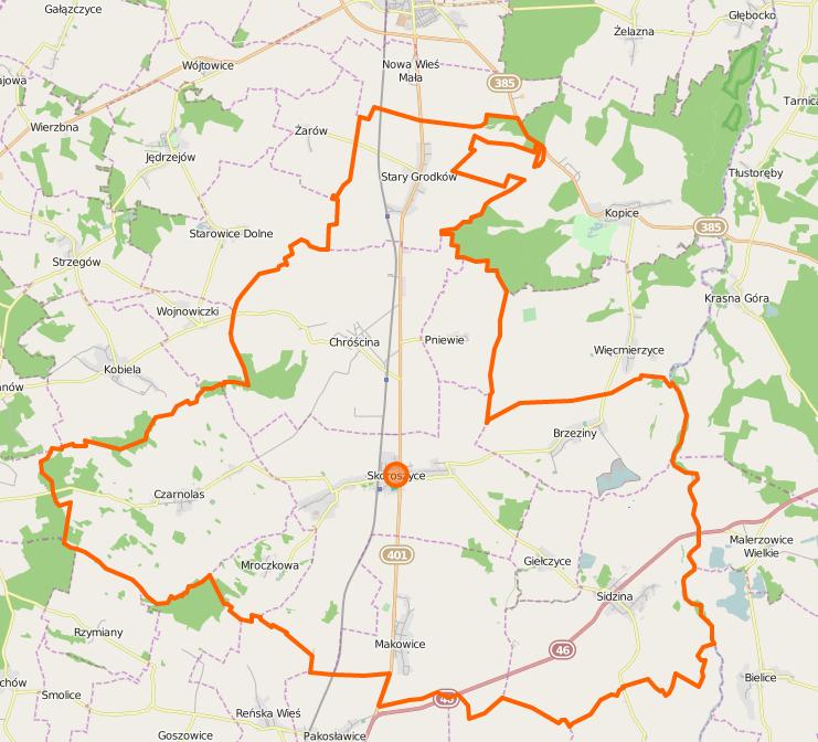 Rysunek 96 Układ drogowy gminy Skoroszyce Źródło: http://www.openstreetmap.