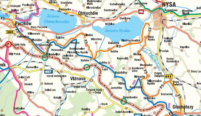 Nazwa Międzynarodowa Trasa Rowerowa R9 Trzeboszowice droga asfaltowa (brak poboczy i chodników); Paczków droga asfaltowa z chodnikami dla pieszych (ścieżki rowerowe prowadzą po głównych drogach).