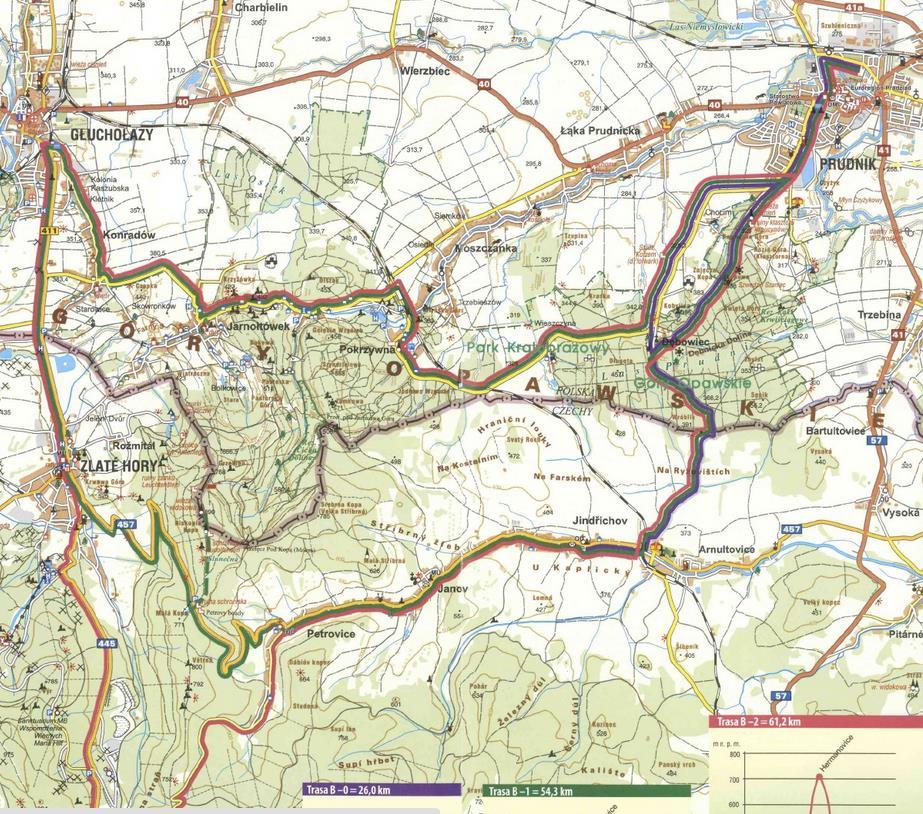 Rysunek 98 Przebieg ścieżek rowerowych B-0 (kolor fioletowy), B-1 (kolor zielony), B-2 (kolor czerwony) w ramach kategorii Dzień Czeski. Źródło: http://www.powiatprudnicki.pl/powiatprudnicki-rowerowe.