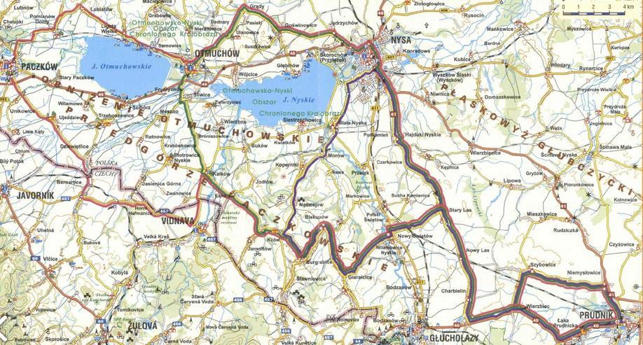 o o o o Otmuchów Paczków (przez: Sarnowice, Ligotę Wielką, Lubiatów, Pomianów Dolny), Paczków Kałków (przez: Unikowice, Ujeździec, Dziewiętlice, dalsze odcinki należące do Czech), Kałków Kijów