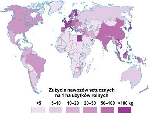 Rys. 2. Światowy rozkład intensywności stosowania nawozów sztucznych [6] W zależności od minerału dominującego w danym produkcie wyróżniamy następujące nawozy mineralne: A. nawozy azotowe B.