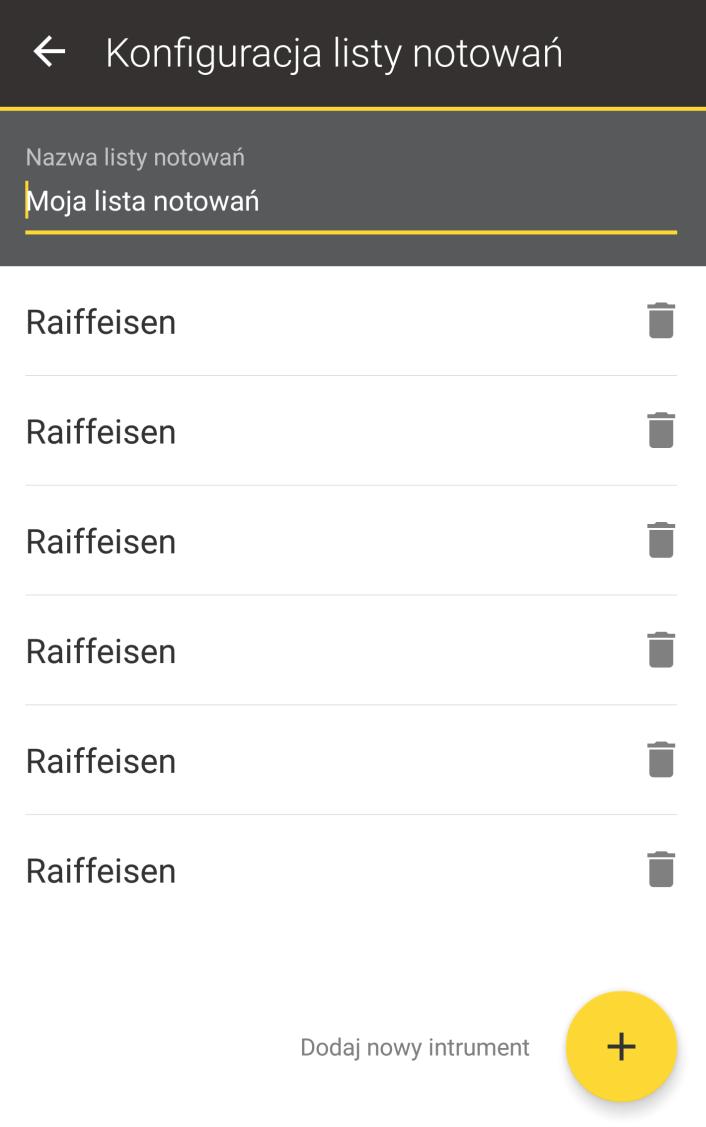 Rys. 26. Edycja listy notowań Użytkownik może zmodyfikować nazwę listy notowań oraz usunąć lub dodać nowe walory, które mają być na niej prezentowane.