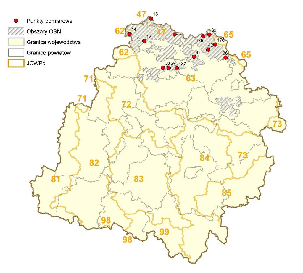 Rysunek 2 Rozmieszczenie punktów pomiarowych wód podziemnych wyznaczonych w ramach monitoringu diagnostycznego na OSN w 2017 r. w województwie łódzkim 6.