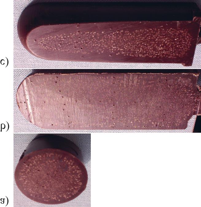 Próbki A3, B33, C3, D3 i E3 z serii badañ w³aœciwych, gdzie: A materia³ lity % poroforu (wysokoœæ próbki 3 mm maks.