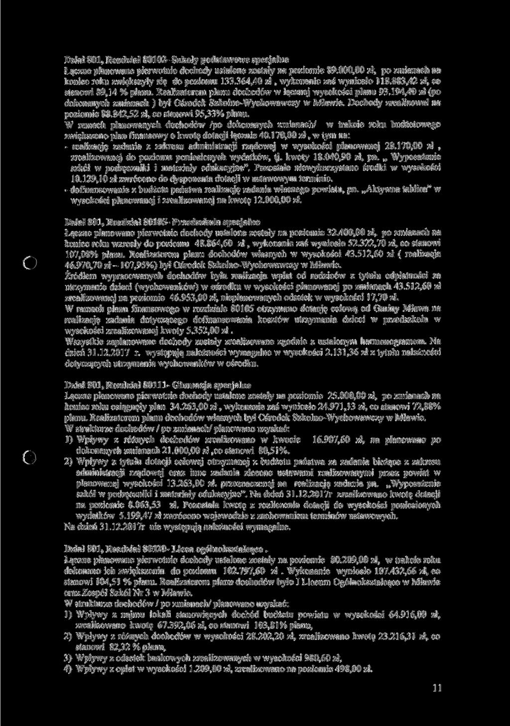 Dział 801, Rozdział 80102- Szkoły podstawowe specjalne Łączne planowane pierwotnie dochody ustalone zostały na poziomie 89.000,00 zł, po zmianach na koniec roku zwiększyły się do poziomu 133.