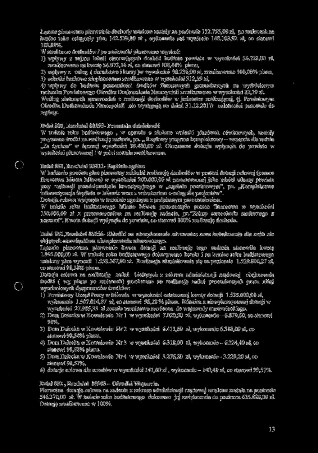 Łączne planowane pierwotnie dochody ustalone zostały na poziomie 112.755,00 zł, po zmianach na koniec roku osiągnęły plan 142.559,00 zł, wykonanie zaś wyniosło 148.103,92 zł, co stanowi 103,89%.