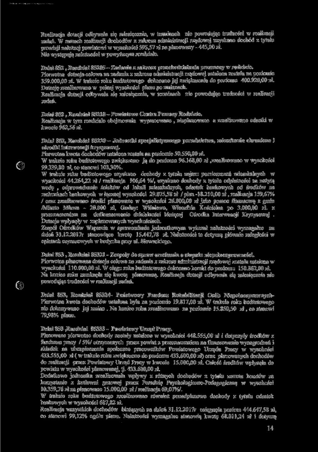 Realizacja dotacji odbywała się miesięcznie, w terminach nie powodując trudności w realizacji zadań.