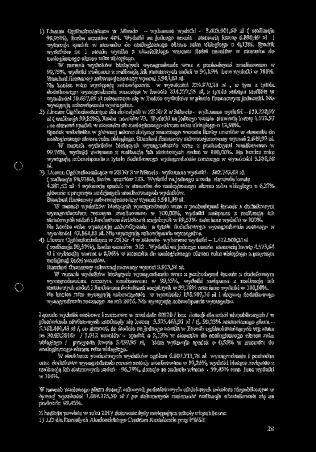 1) Liceum Ogólnokształcące w Mławie - wykonane wydatki - 3.403.901,60 zł ( realizacja 98,95%), liczba uczniów 494. Wydatki na jednego ucznia stanowią kwotę 6.