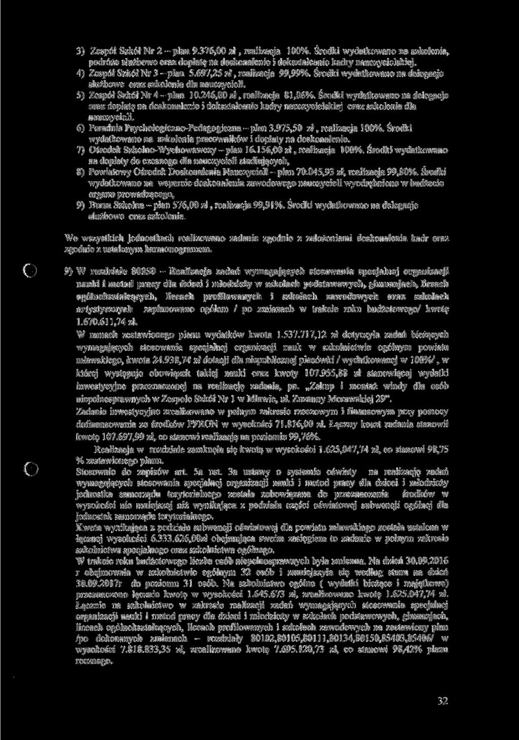 3) Zespół Szkół Nr 2 - plan 9.376,00 zł, realizacja 100%. Środki wydatkowano na szkolenia, podróże służbowe oraz dopłatę na doskonalenie i dokształcanie kadry nauczycielskiej.