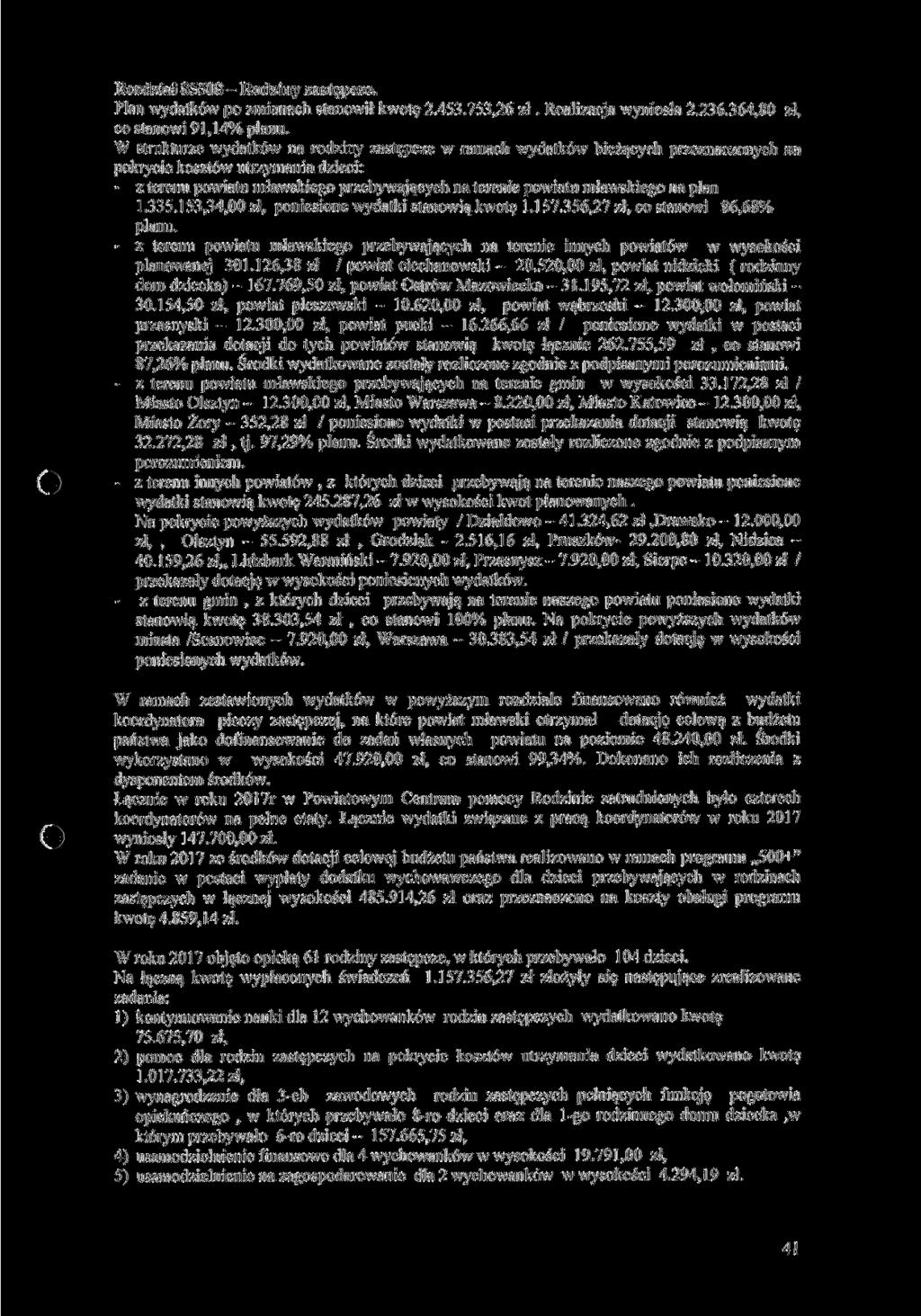 Rozdział 85508 - Rodziny zastępcze. Plan wydatków po zmianach stanowił kwotę 2.453.753,26 zł. Realizacja wyniosła 2.236.364,80 zł, co stanowi 91,14% planu.