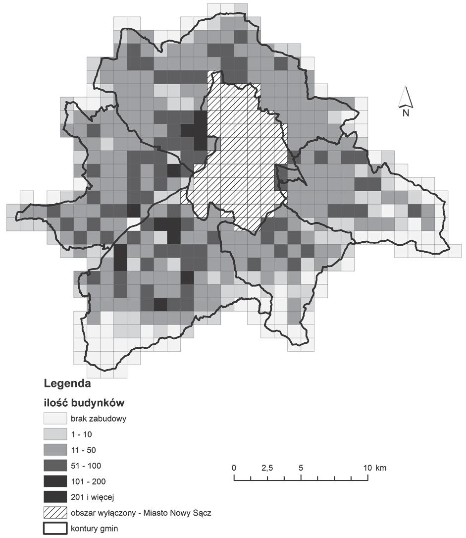 Zmiany w użytkowaniu gruntów oraz gęstość zabudowy na styku miasto obszar wiejski 109 Chełmca, pd.-wsch. w kierunku Nawojowej i Kamionki Wielkiej oraz pd.-zach. w stronę Starego Sącza.