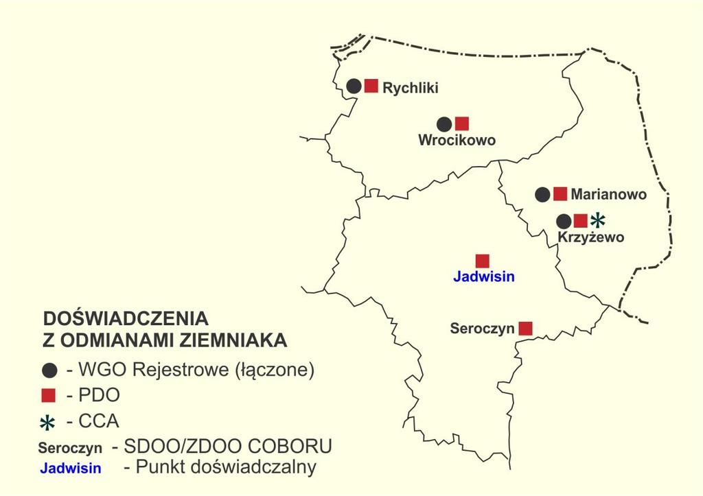 Rysunek 2. Ziemniak. Lokalizacja doświadczeń z ziemniakiem w 2017 roku. prawidłowy wzrost i rozwój ziemniaka zależy nie tylko od warunków siedliskowych, lecz również od uwarunkowań klimatycznych.