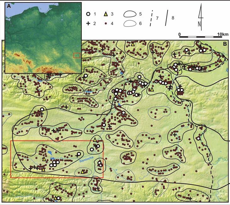 Fig. 1. Settlement of the Lusatian culture population in the Hrubieszów Basin (the Sieniocha river basin is marked on red).