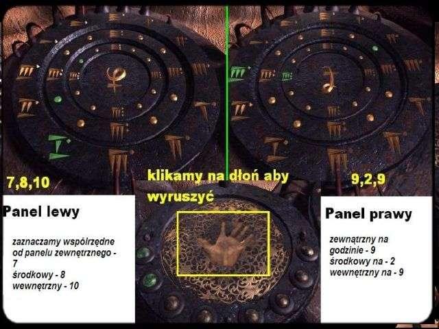 Znalazłeś się w głównej sterowni. Podejdź do widocznych w oddali dwóch okrągłych urządzeń. Musisz ustawić koordynaty z tabliczki, aby wyruszyć w drogę. Na lewym zegarze: 1.