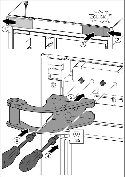 u Dokręcić śrubę. Fig. 13 (4) u Śrubę założyć przy pomocy śrubokręta T25 i mocno dokręcić. Fig. 13 (6) 4.3.4 Przekładanie środkowych zawiasów 4.3.3 Przekładanie górnych zawiasów Fig.