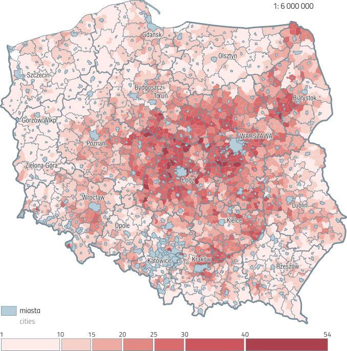 Liczba miejscowości na 100 km²