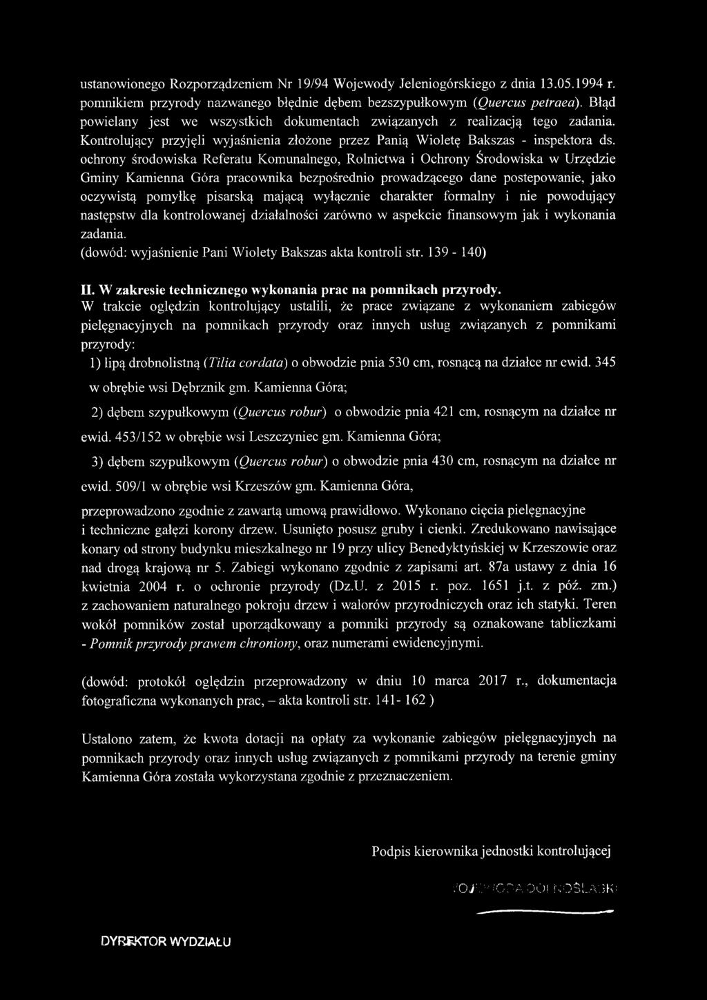 ochrony środowiska Referatu Komunalnego, Rolnictwa i Ochrony Środowiska w Urzędzie Gminy Kamienna Góra pracownika bezpośrednio prowadzącego dane postępowanie, jako oczywistą pomyłkę pisarską mającą