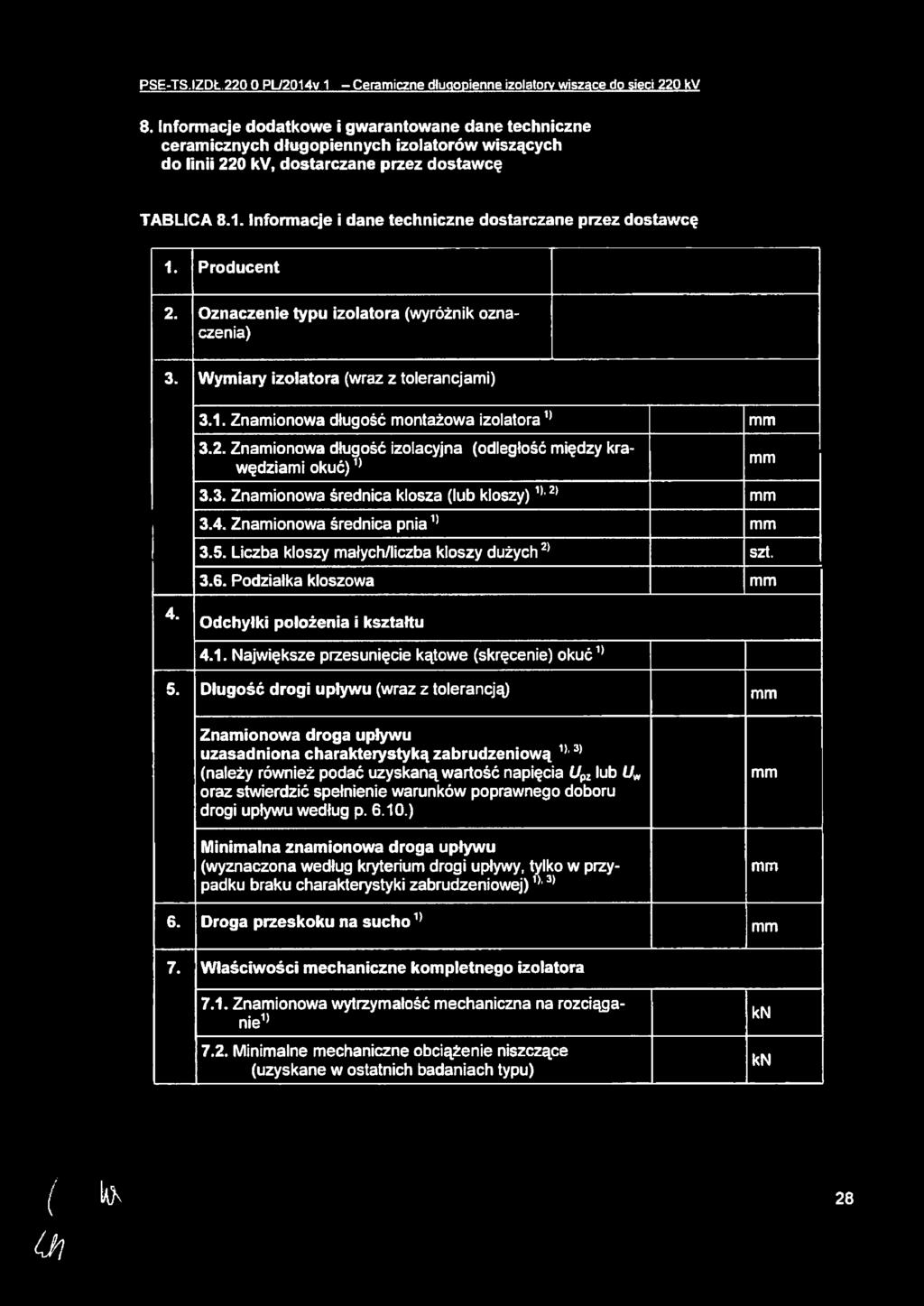 Informacje i dane techniczne dostarczane przez dostawcę 1. Producent 2. 3. Oznaczenie typu izolatora (wyróżnik oznaczenia) Wymiary izolatora (wraz z tolerancjami) 3.1. Znamionowa długość montażowa izolatora1 mm 3.