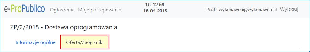 Użycie przycisku wyświetli postępowanie w menu Moje postępowania: oraz uaktywni w szczegółach ogłoszenia dostępną dla Wykonawcy kartę Oferta/Załączniki, której funkcjonalność pozwoli na przesłanie