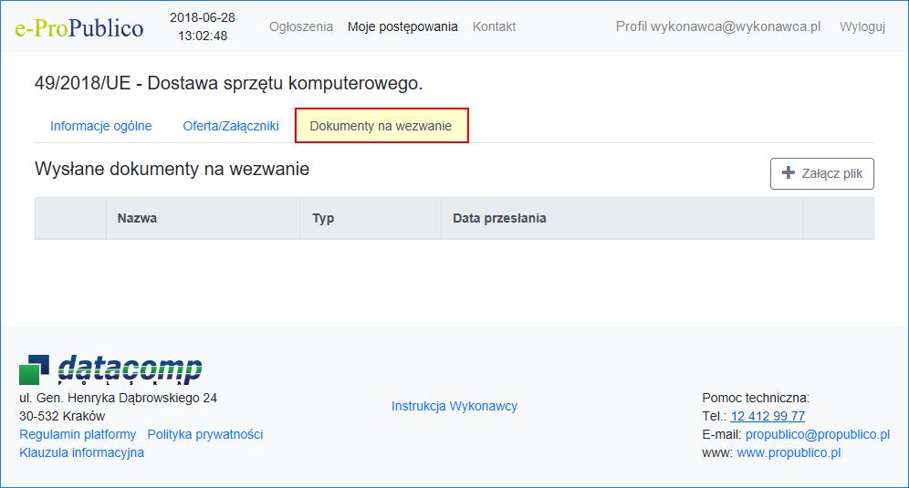 Dokumenty na wezwanie widoczna jest dla użytkownika po upływie terminu składania ofert.