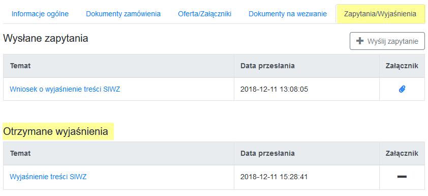 Zapytania/Wyjaśnienia, w części Otrzymane wyjaśnienia: Po wpłynięciu wyjaśnienia treści SIWZ