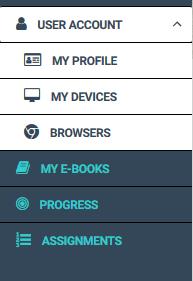 USER ACCOUNT (KONTO UŻYTKOWNIKA) To menu zawiera sekcje My Profile (Mój profil), My Devices (Moje urządzenia) i Browsers (Przeglądarki).