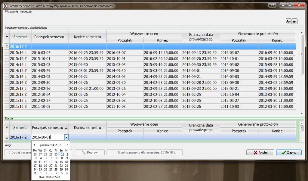 IV. Dodawanie i edycja parametrów w oknie Parametry Semestru oraz Terminy Wpisywania Ocen i Generowania Protokołów.