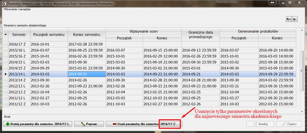 V. Usuwanie parametrów w oknie Parametry Semestru oraz Terminy Wpisywania Ocen i Generowania Protokołów.