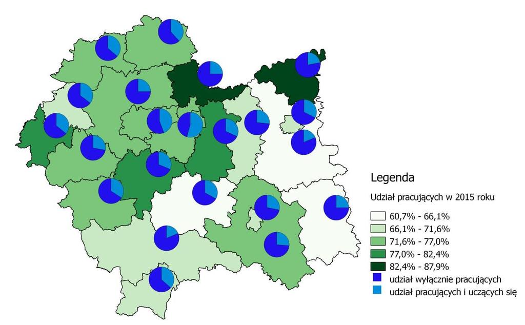 Mapa 1. Udział pracujących absolwentów rocznika 2015 w podziale na wyłącznie pracujących oraz łączących pracę z nauką Z czego wynika poprawa sytuacji młodzieży na rynku pracy?