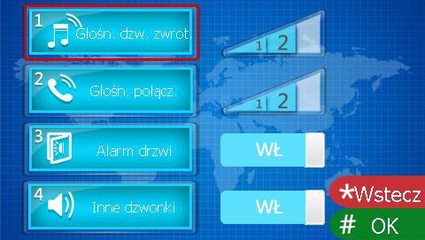 6.2 Ustawienia dźwięku W celu wybrania opcji naciskaj klawisze strzałek lub odpowiednią cyfrę na klawiaturze. Zmiana opcji następuje za pomocą klawisza #.